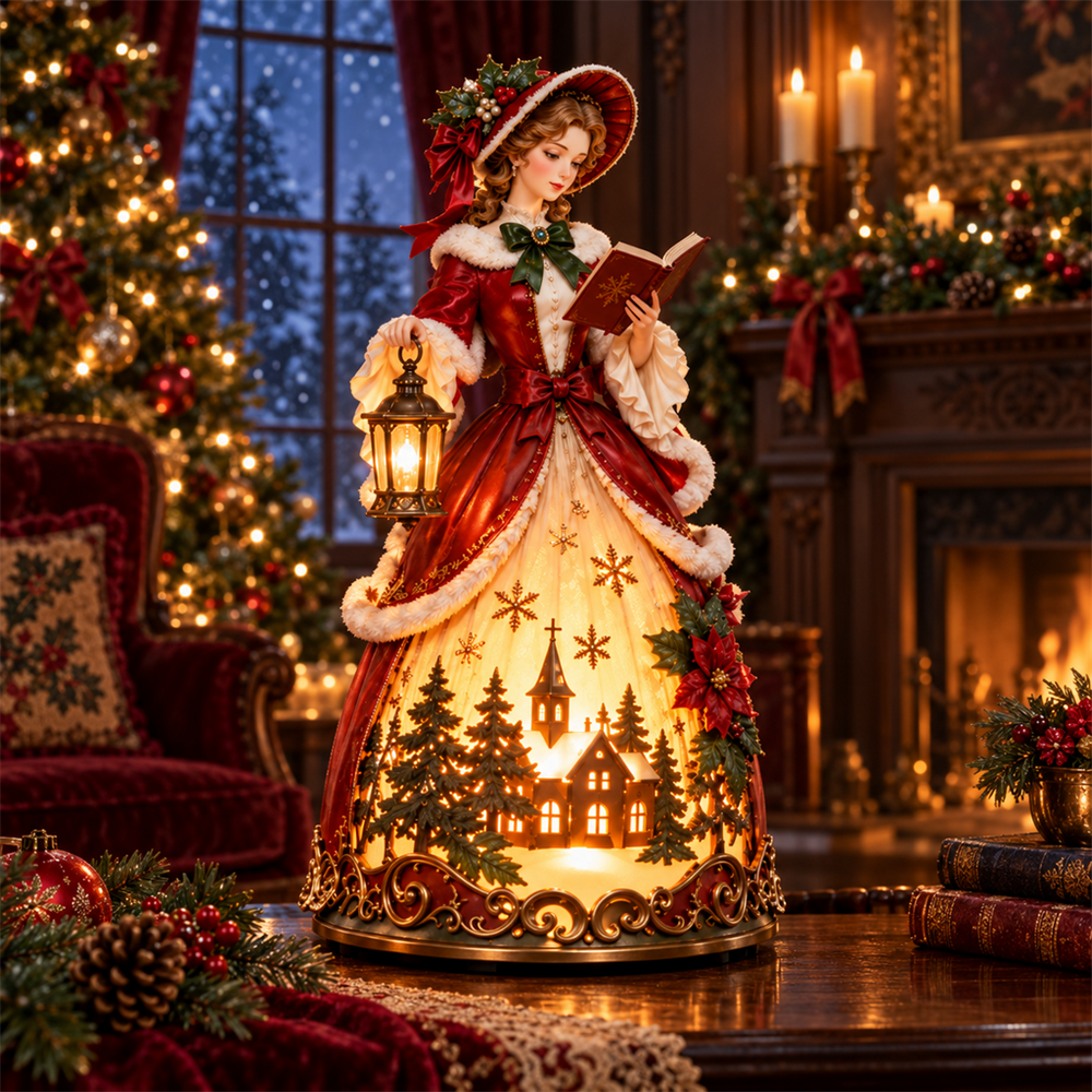 Nativity journey figurines arranged in a warm lantern-lit alcove