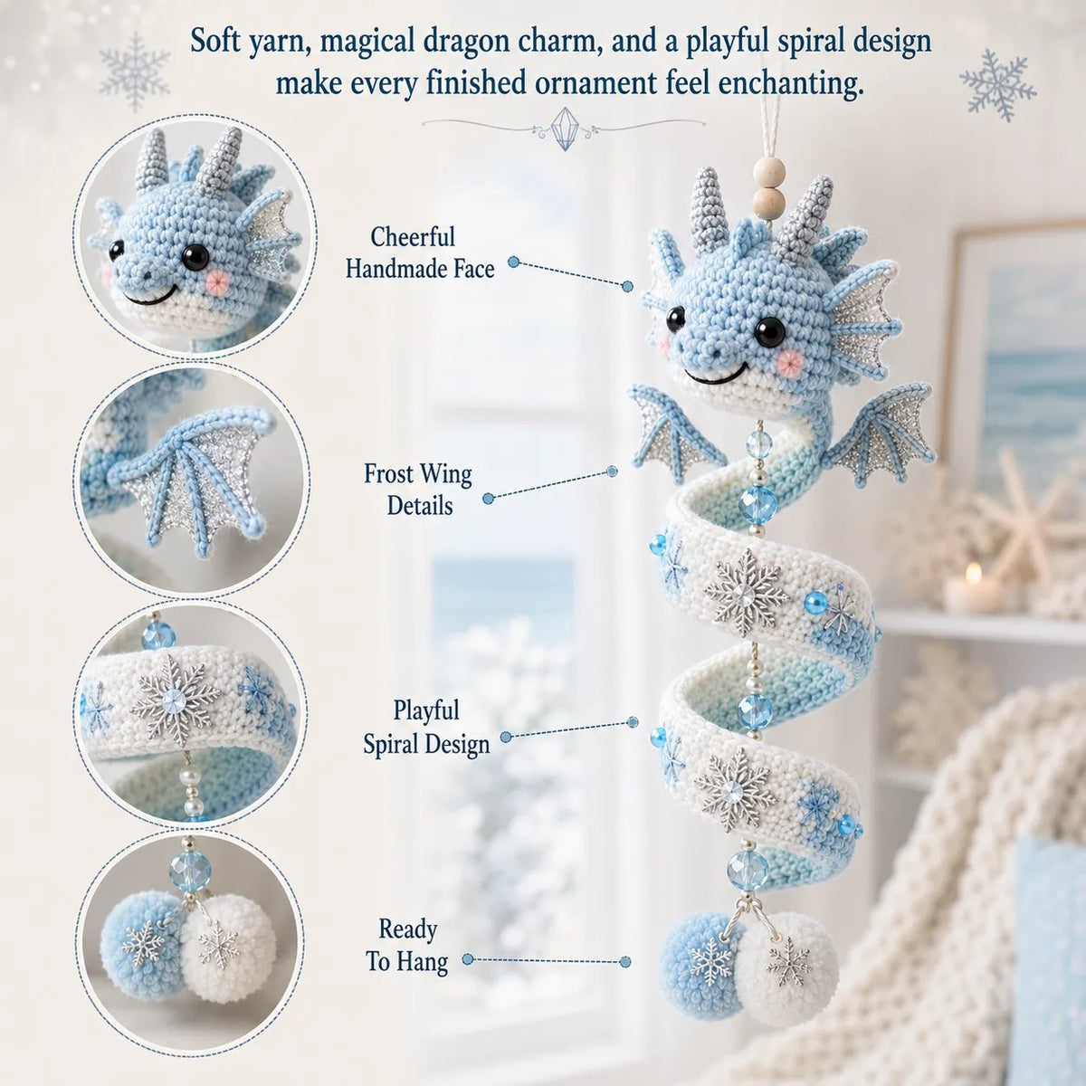 Ice Dragon spiral crochet ornament and close-up decorative details.