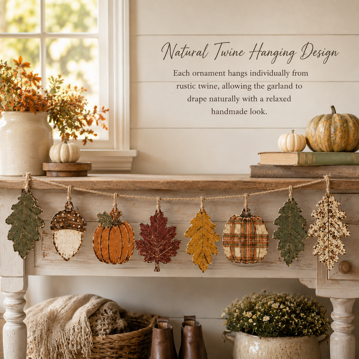 Autumn wooden garland gathered for a tabletop or entryway display