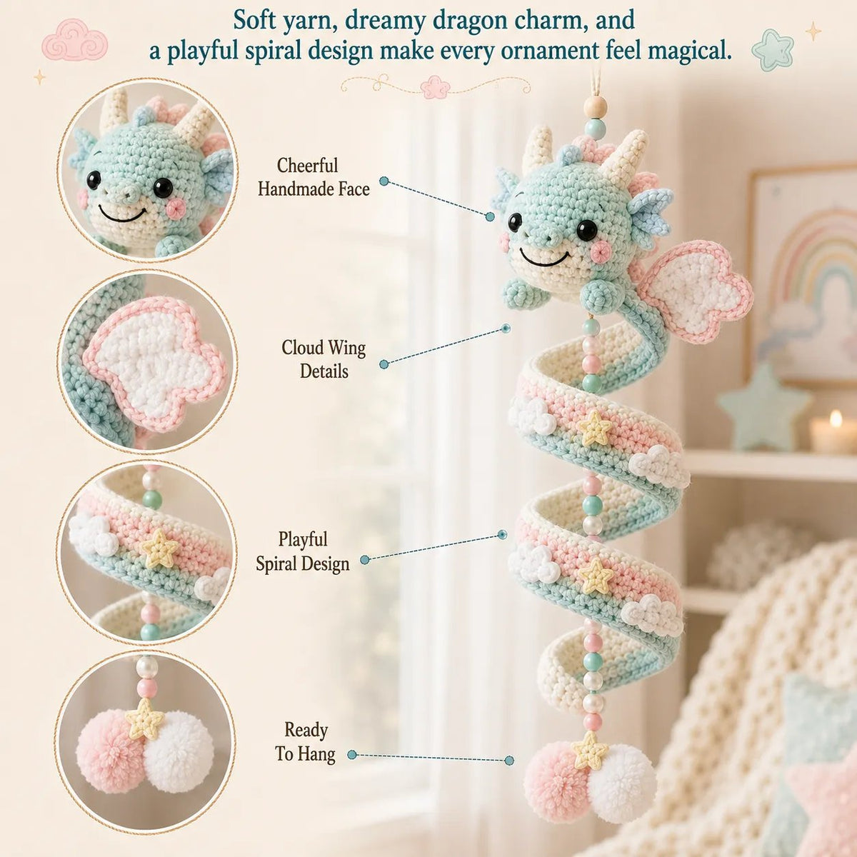 Cloud Dragon spiral crochet ornament and close-up decorative details.