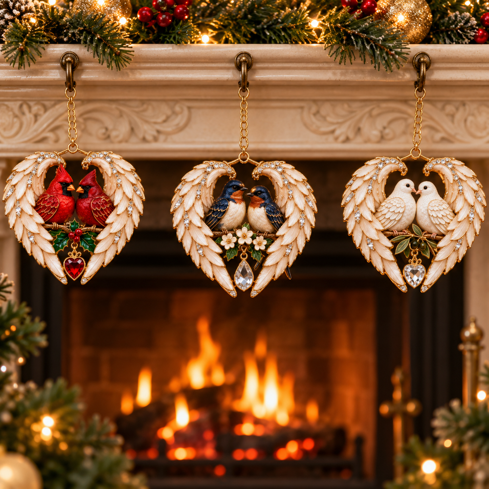 Three angel-wing heart bird ornaments arranged above a Christmas mantel