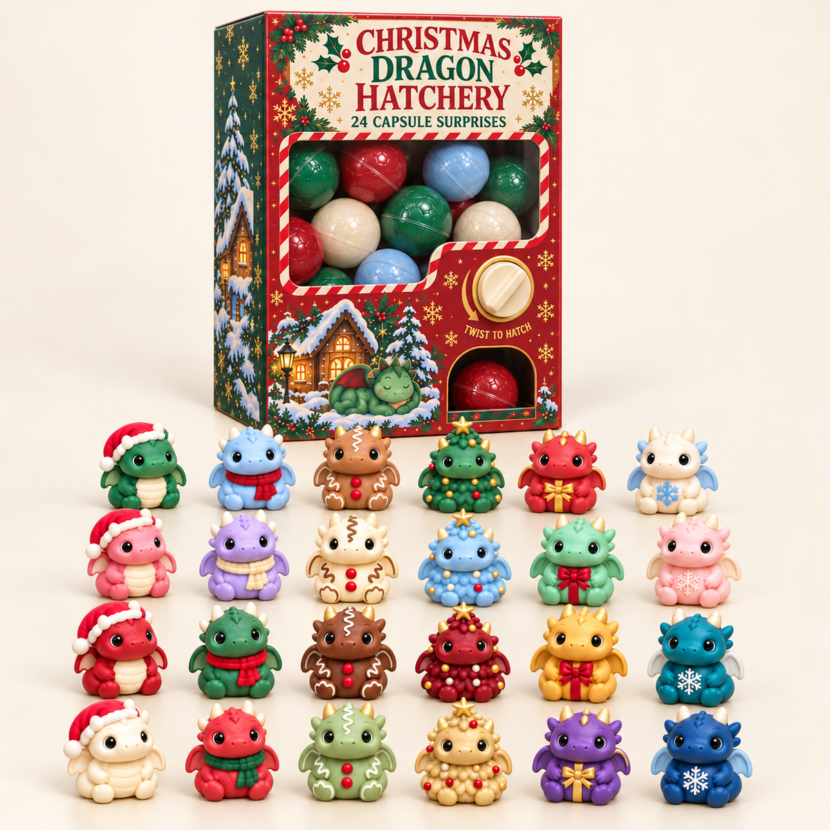 Christmas Dragon Hatchery illustrated box with colorful capsules and the festive dragon design lineup
