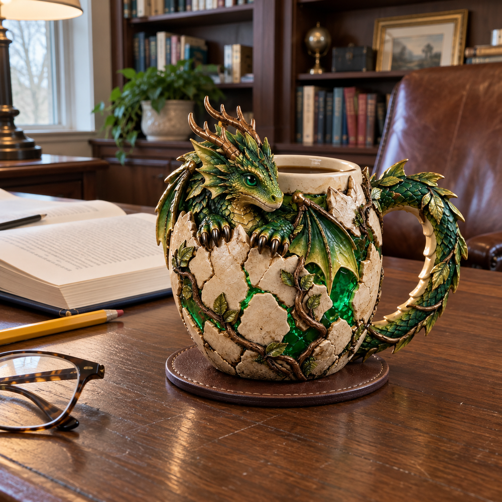 Styled scene of the Forest Dragon mug on a study desk beside books