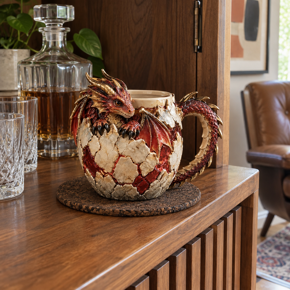 Styled scene of the Fire Dragon mug displayed on a walnut home bar cabinet