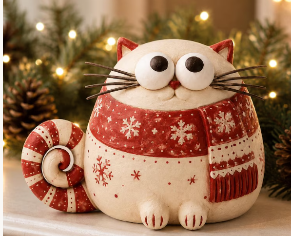 🎄 Whimsical Christmas Cat Figurines – Tall & Chubby Holiday Decor 🐱