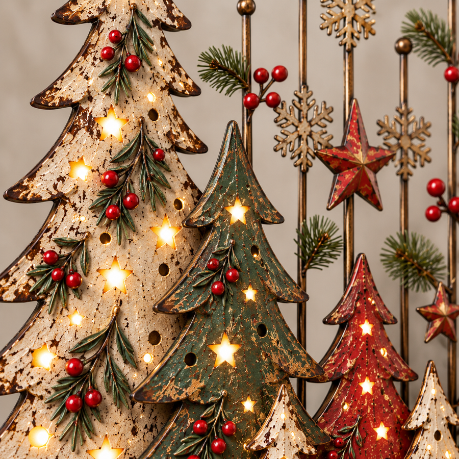 Close-up of rustic painted trees, red berries and illuminated star cutouts