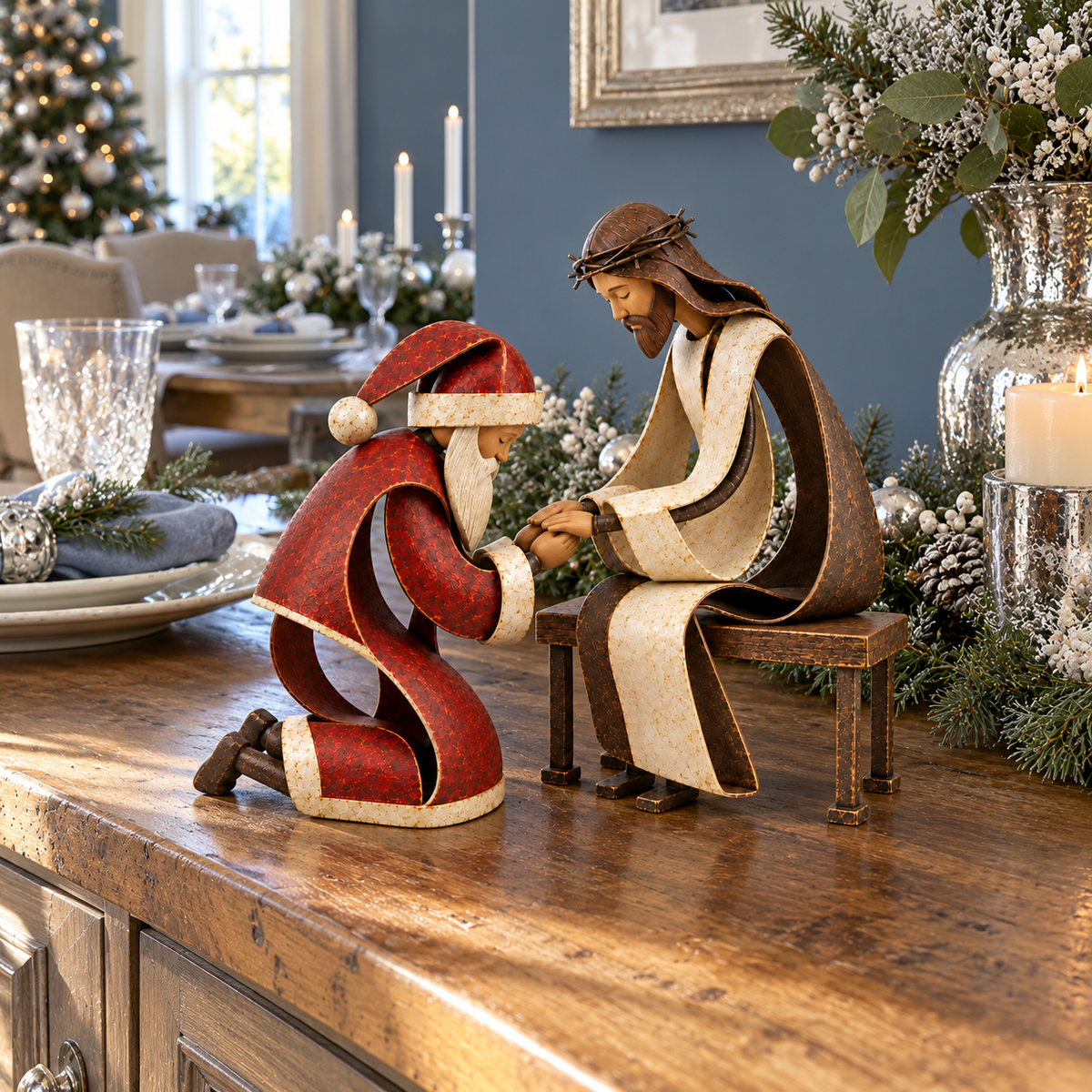 Santa Kneeling Before Jesus Christmas Figurines