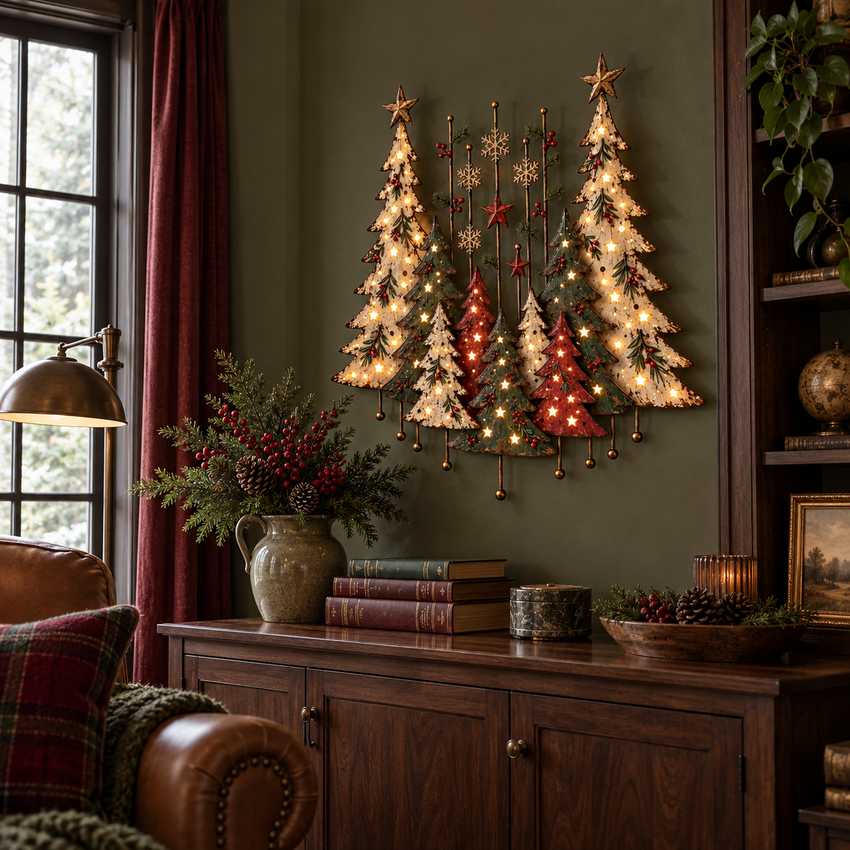 Decorative Christmas wall trees in a cozy reading corner