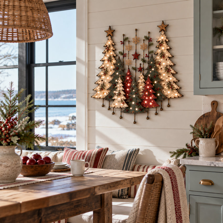 Lighted Christmas tree wall decor in a bright dining nook