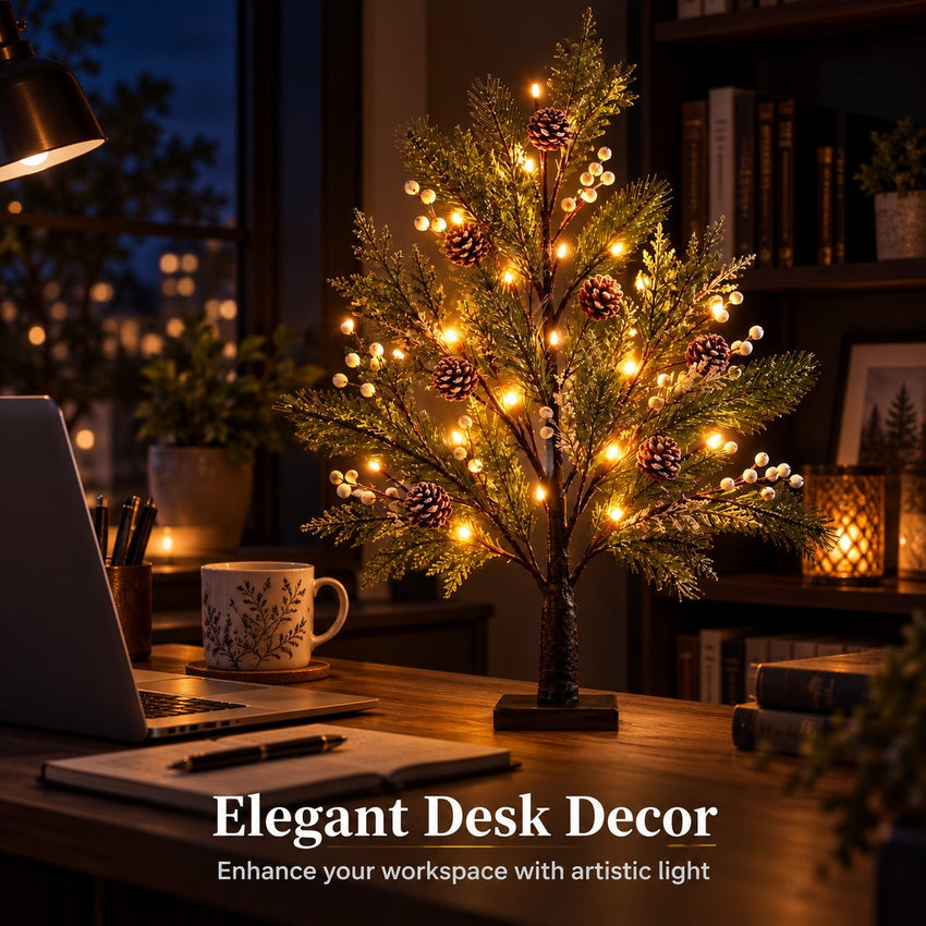 Small warm LED tree lamp decorating a home office desk