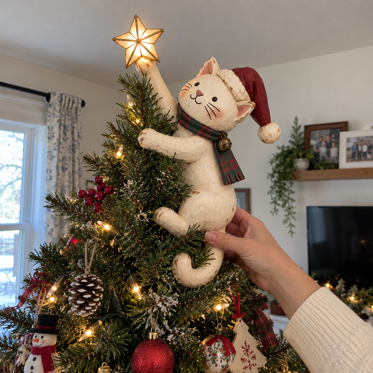 Vintage Lighted Cat Christmas Tree Topper