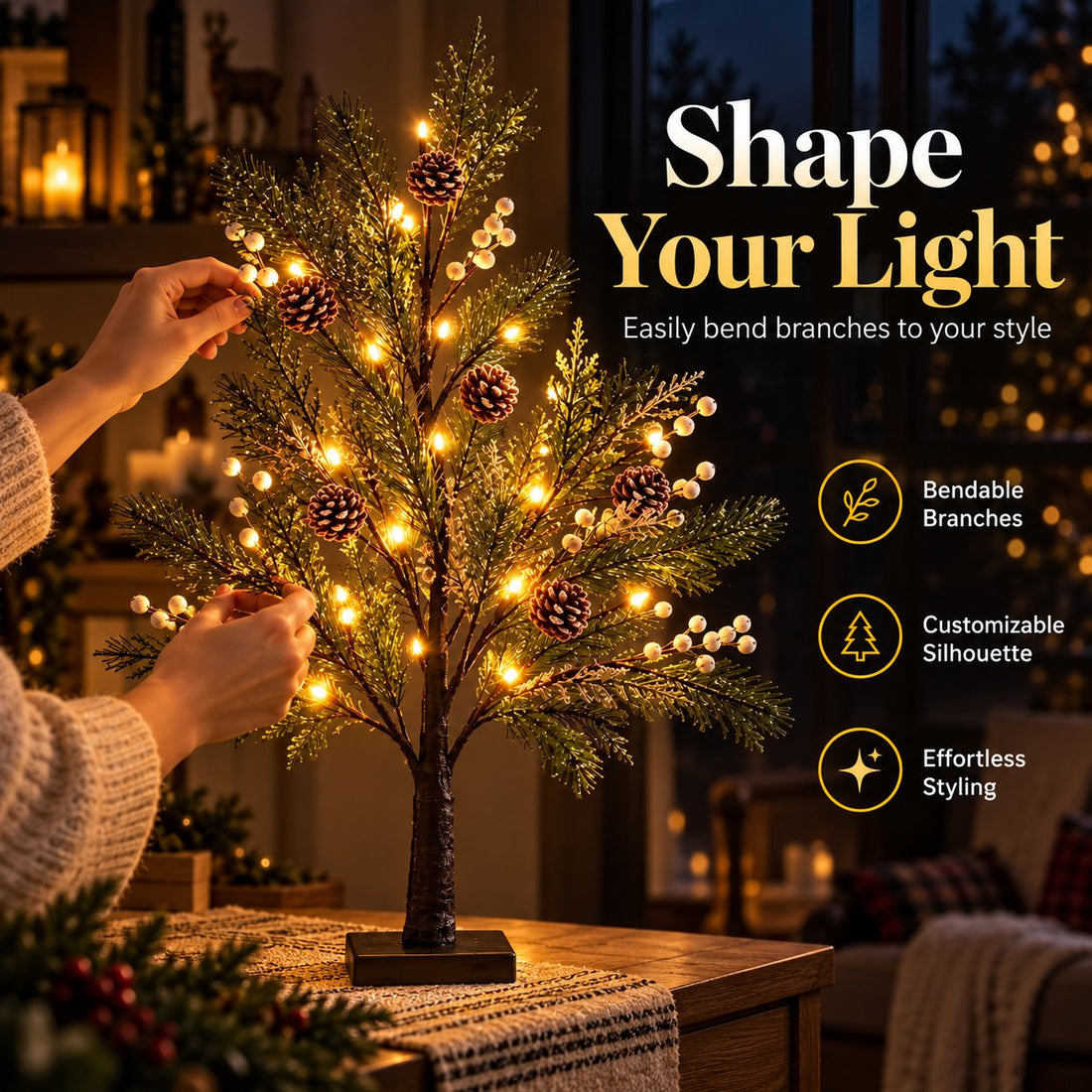 Hands adjusting the bendable branches of a lighted artificial pine tree