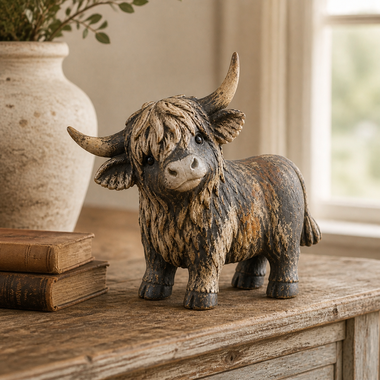 Rustic donkey figurine with a tilted head and oversized ears