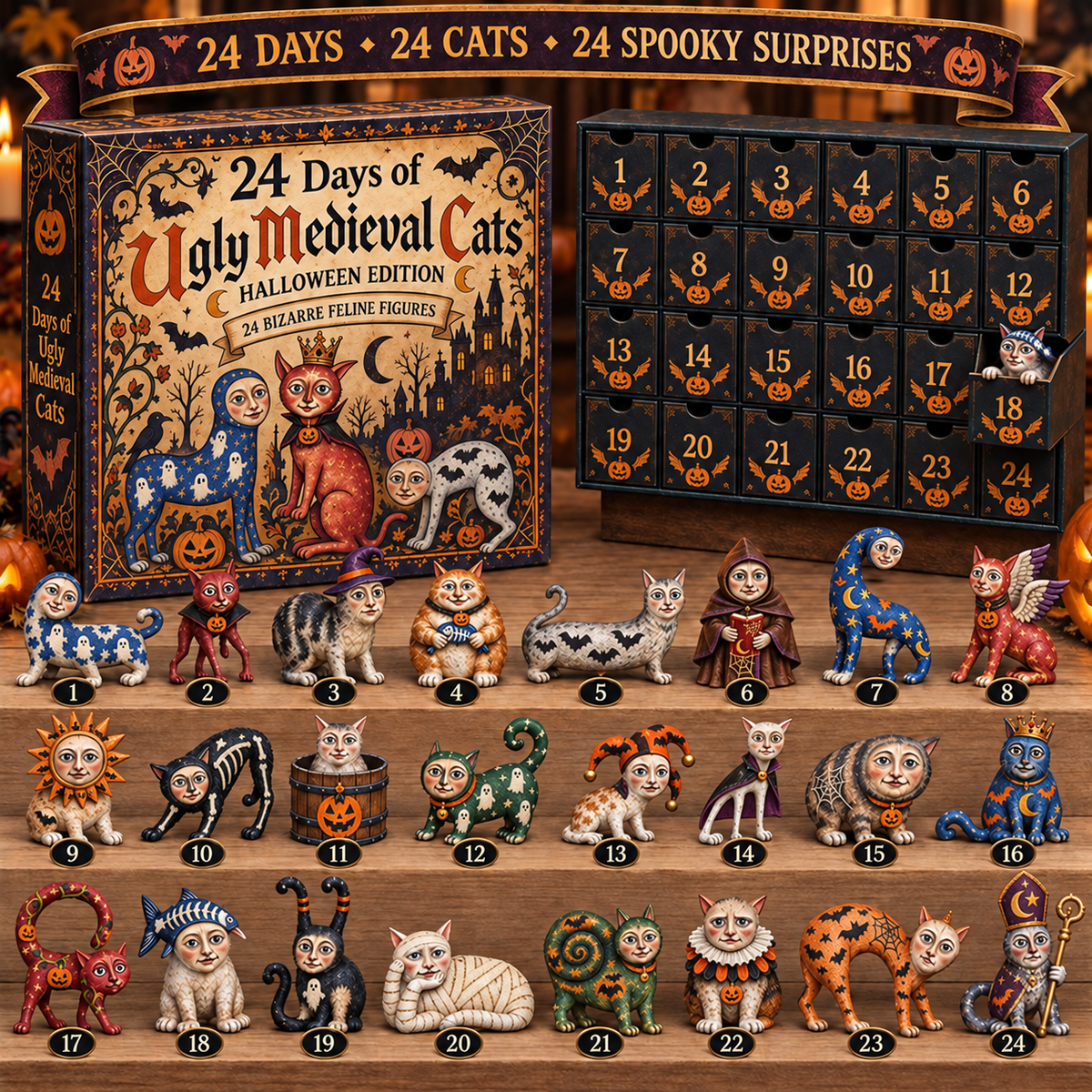 🐈🎃 24 Days of Ugly Medieval Cats – Halloween Advent Calendar with 24 Bizarre Cat Figures