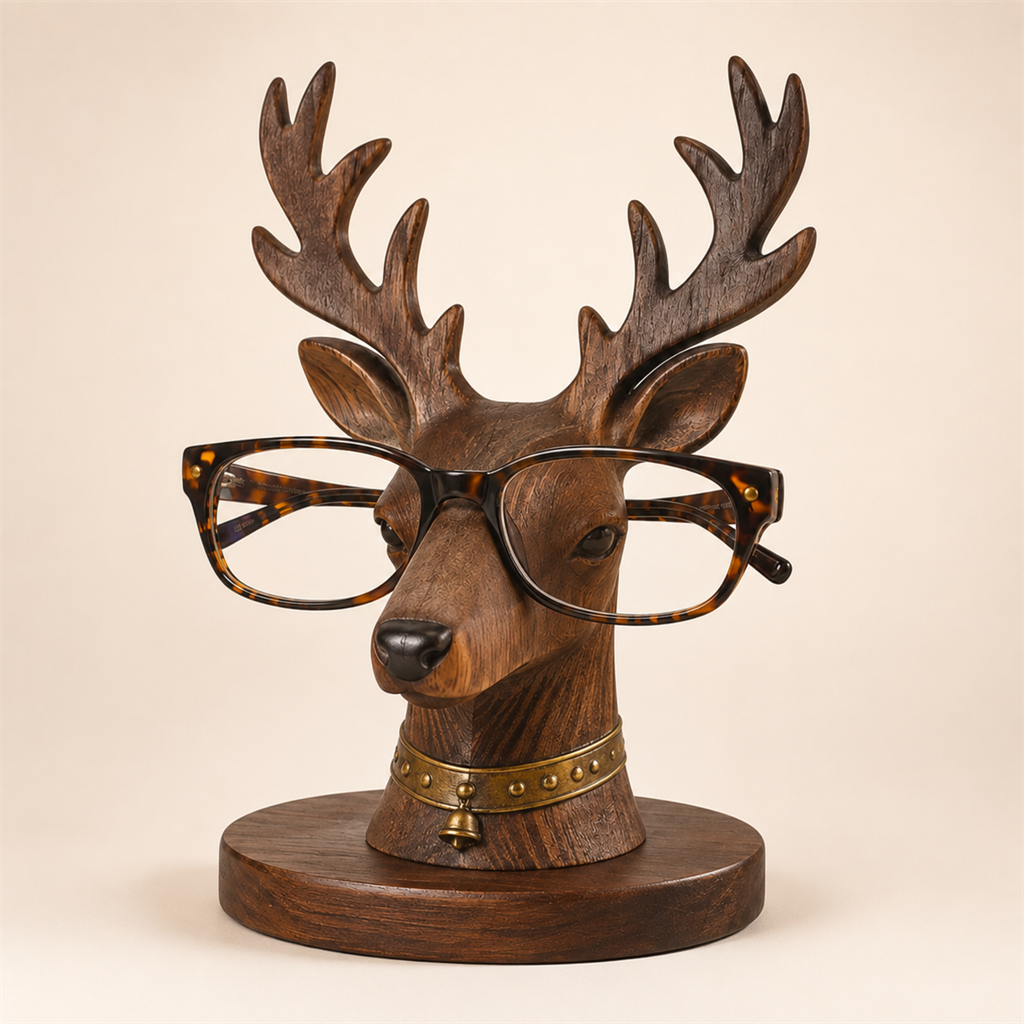 Rustic stag eyeglass holder displaying a pair of glasses