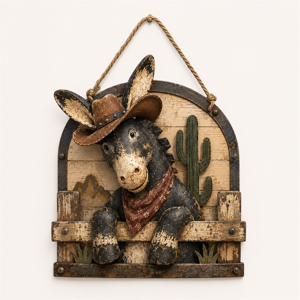 🫏🌵 Rustic Cowboy Donkey Wall Hanging – Western Farmhouse Décor & Country Keepsake