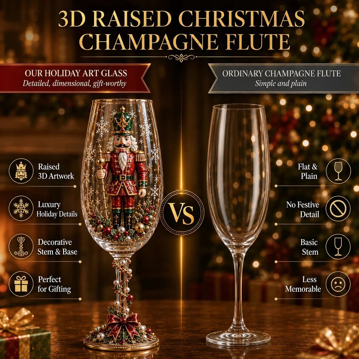 🎁🎭 Nutcracker-Inspired Christmas 3D Collector Champagne Glass Set
