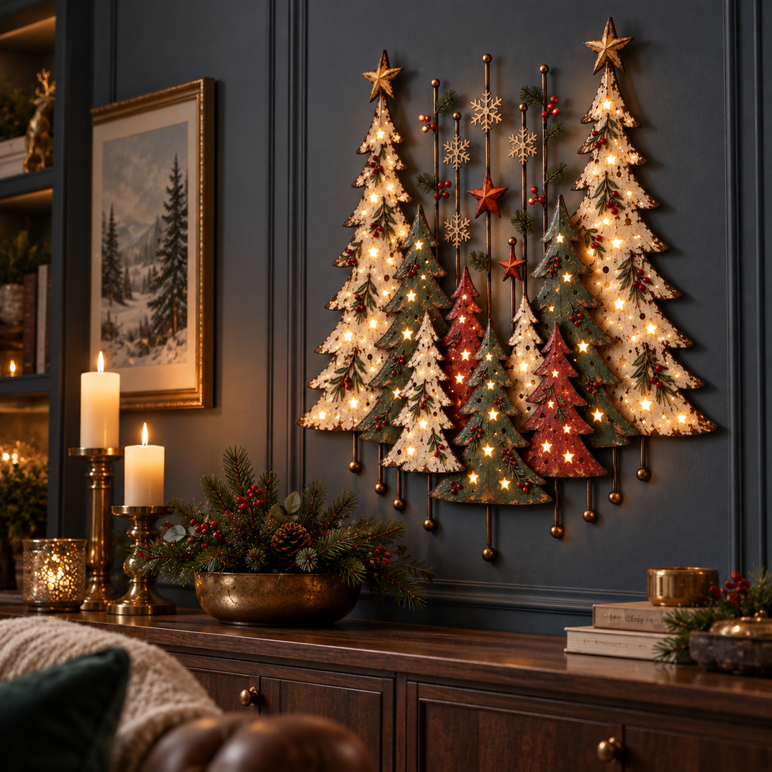 Christmas forest wall decor glowing in a cozy evening living room