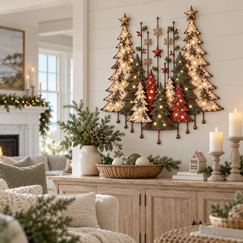Vintage forest wall decoration in a cozy farmhouse living room