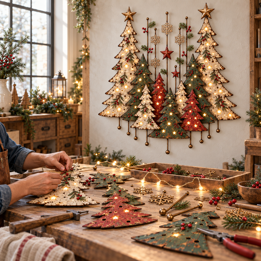 Vintage-style Christmas forest wall display in farmhouse room