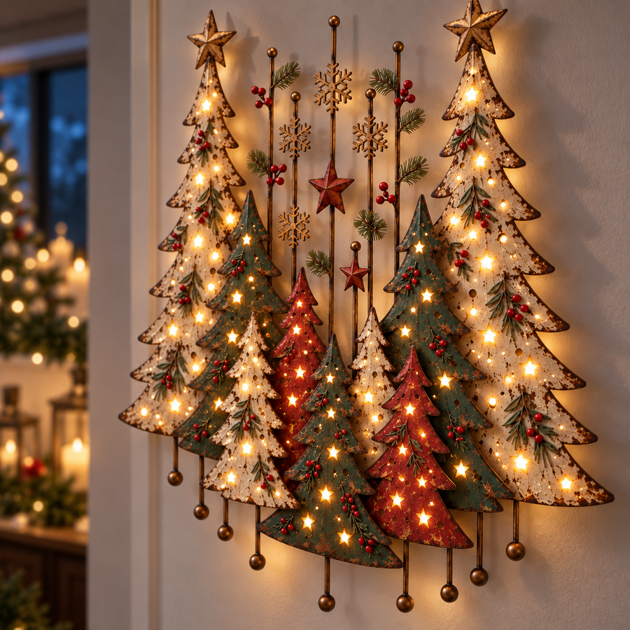 Close-up of warm glowing Christmas tree wall decor