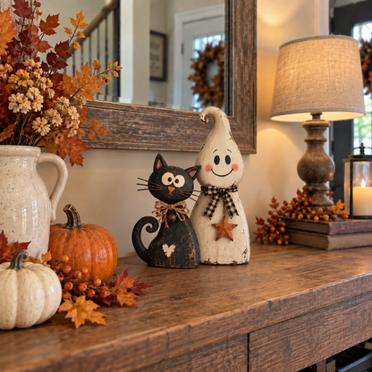🐈‍⬛ Ghost & Black Cat Halloween Figurines – Vintage-Inspired Decor