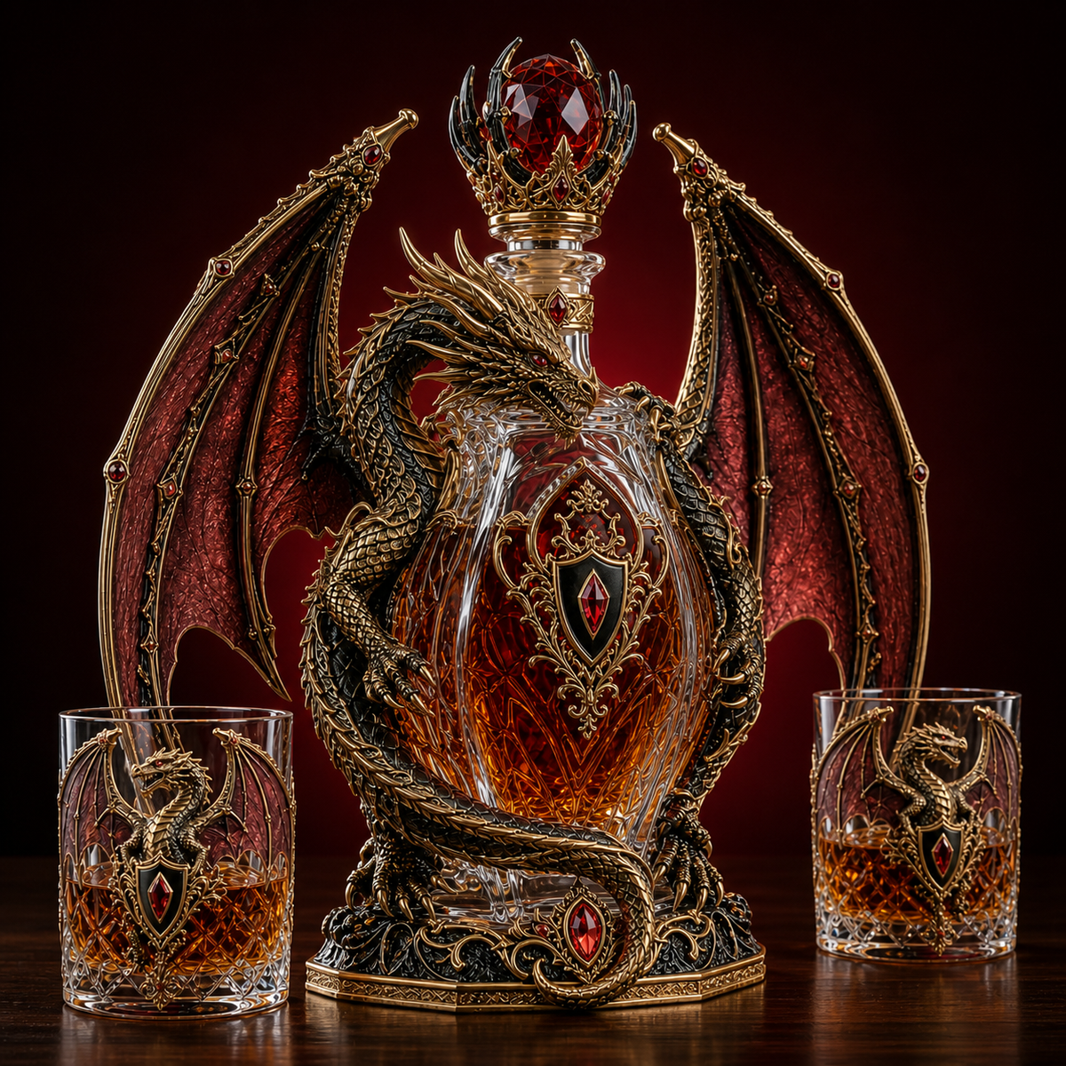 🐉 Imperial Crimson Western Dragon Decanter Set – Luxury 3D Crystal Whiskey Bottle with 2 Matching Glasses