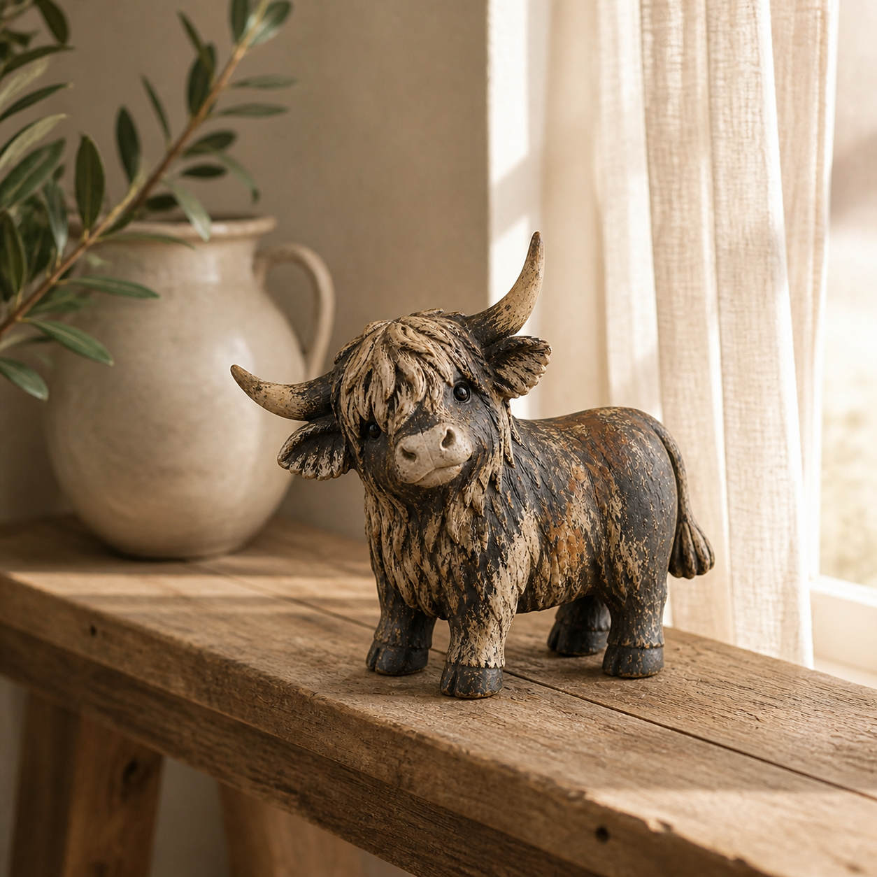 🐮 Rustic Highland Cow Figurine – Charming Farmhouse Tabletop Decor