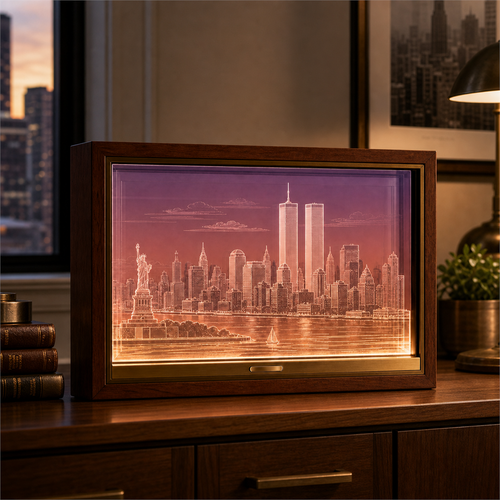 🗽✨ Before the Skyline Changed – Illuminated Twin Towers New York Memorial Shadow Box