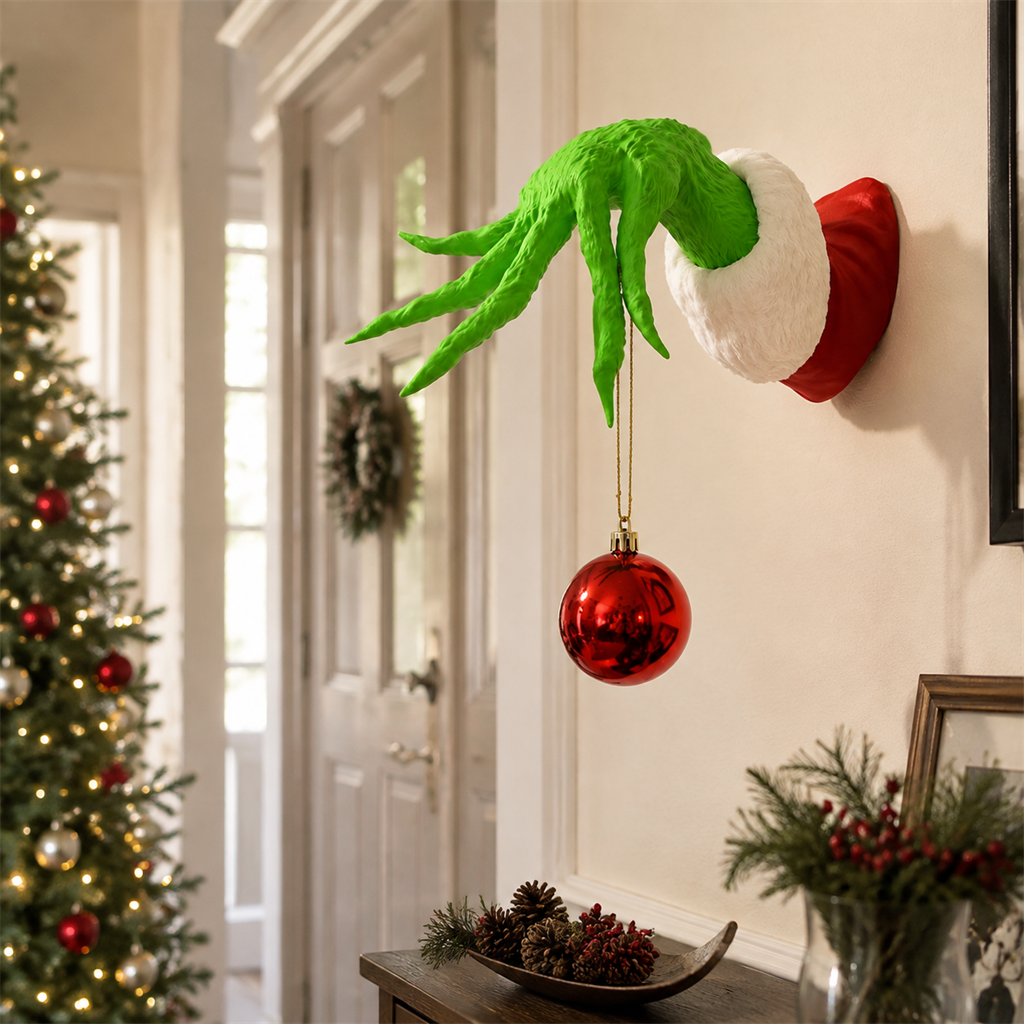 Holiday hand wall hanger styled in a bright Christmas entryway
