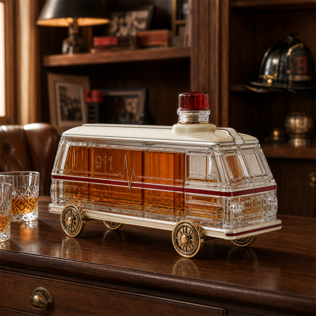 Emergency rescue whiskey decanter displayed in a warm home bar