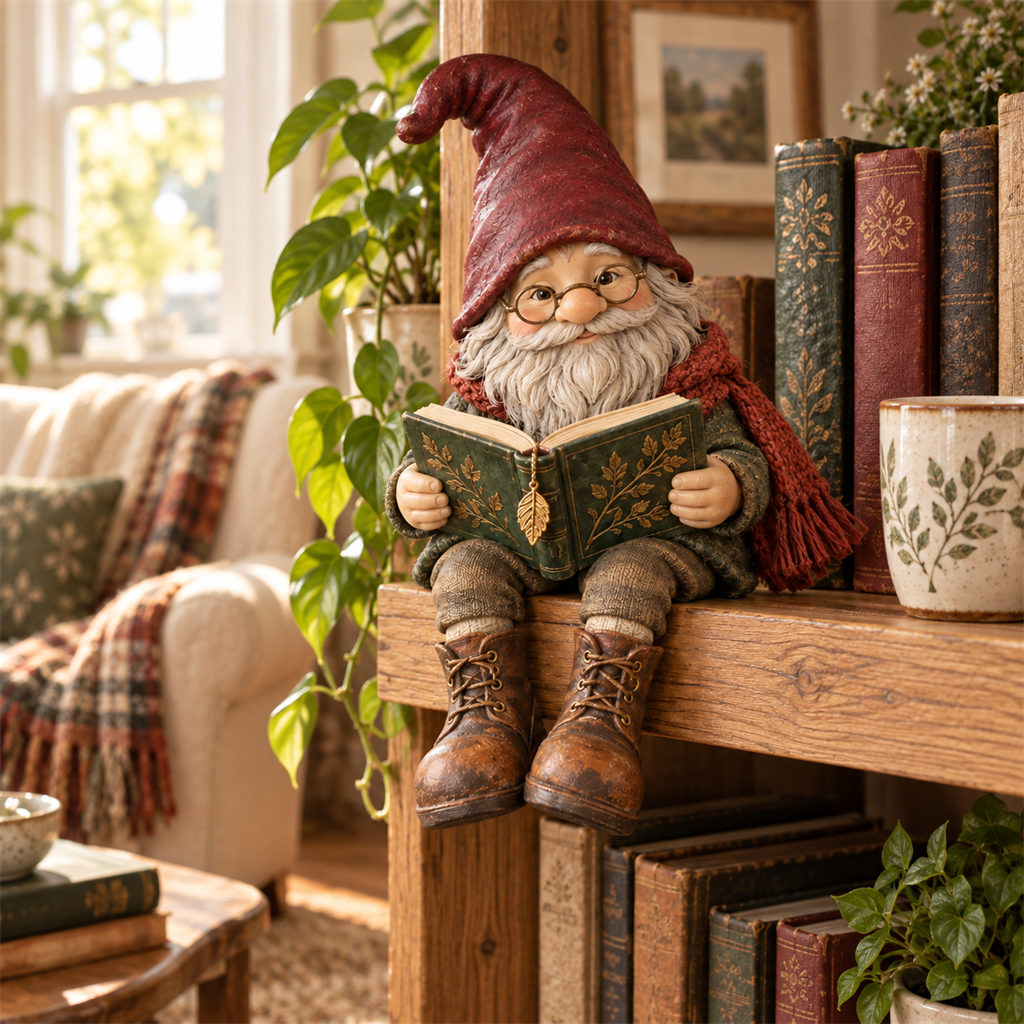 Reading gnome displayed in a warm reading nook beside books and a mug