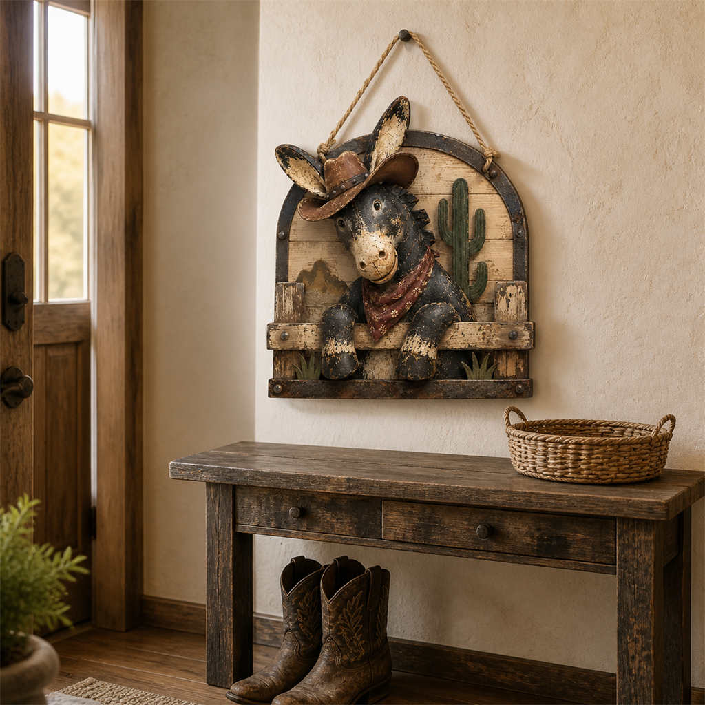 Cowboy donkey wall hanging displayed in a bright rustic entryway