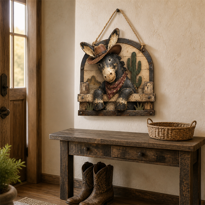 🫏🌵 Rustic Cowboy Donkey Wall Hanging – Western Farmhouse Décor & Country Keepsake
