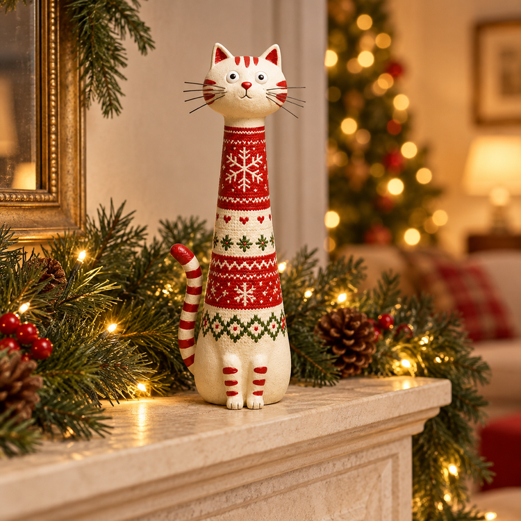 Tall Christmas cat displayed on a mantel beside seasonal greenery