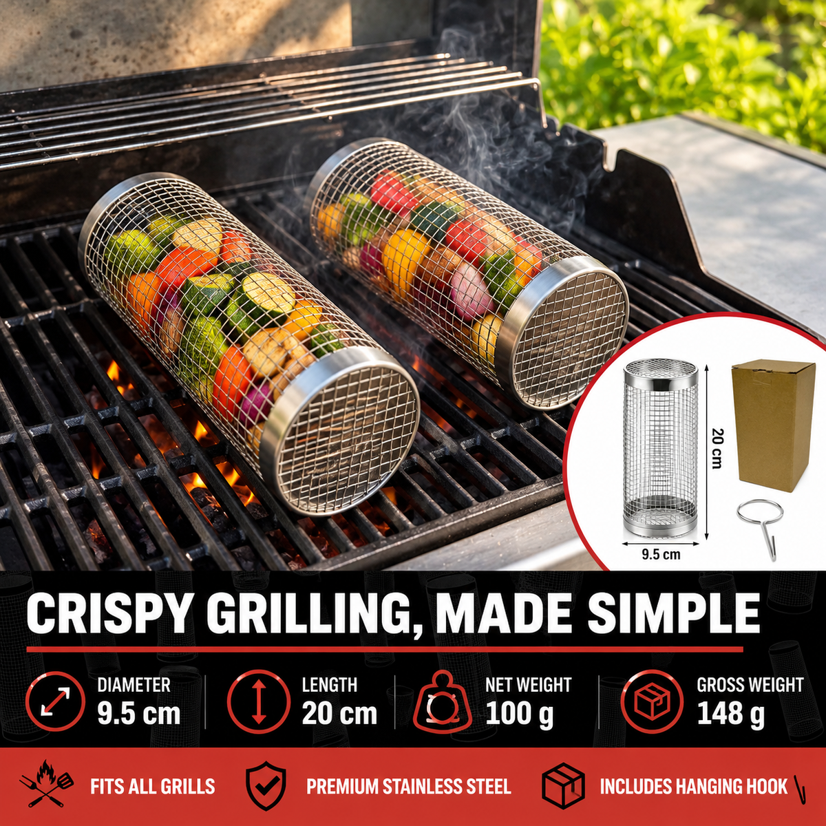 Rolling BBQ Grill Basket 🔥 – Easy Grilling for Outdoor Cooking
