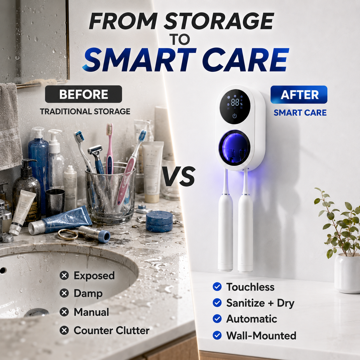 BILLHOL®🚩 WaveSense Touchless Advanced Dual-Toothbrush UV Sanitizing & Drying Station with Automatic Sensor Lid