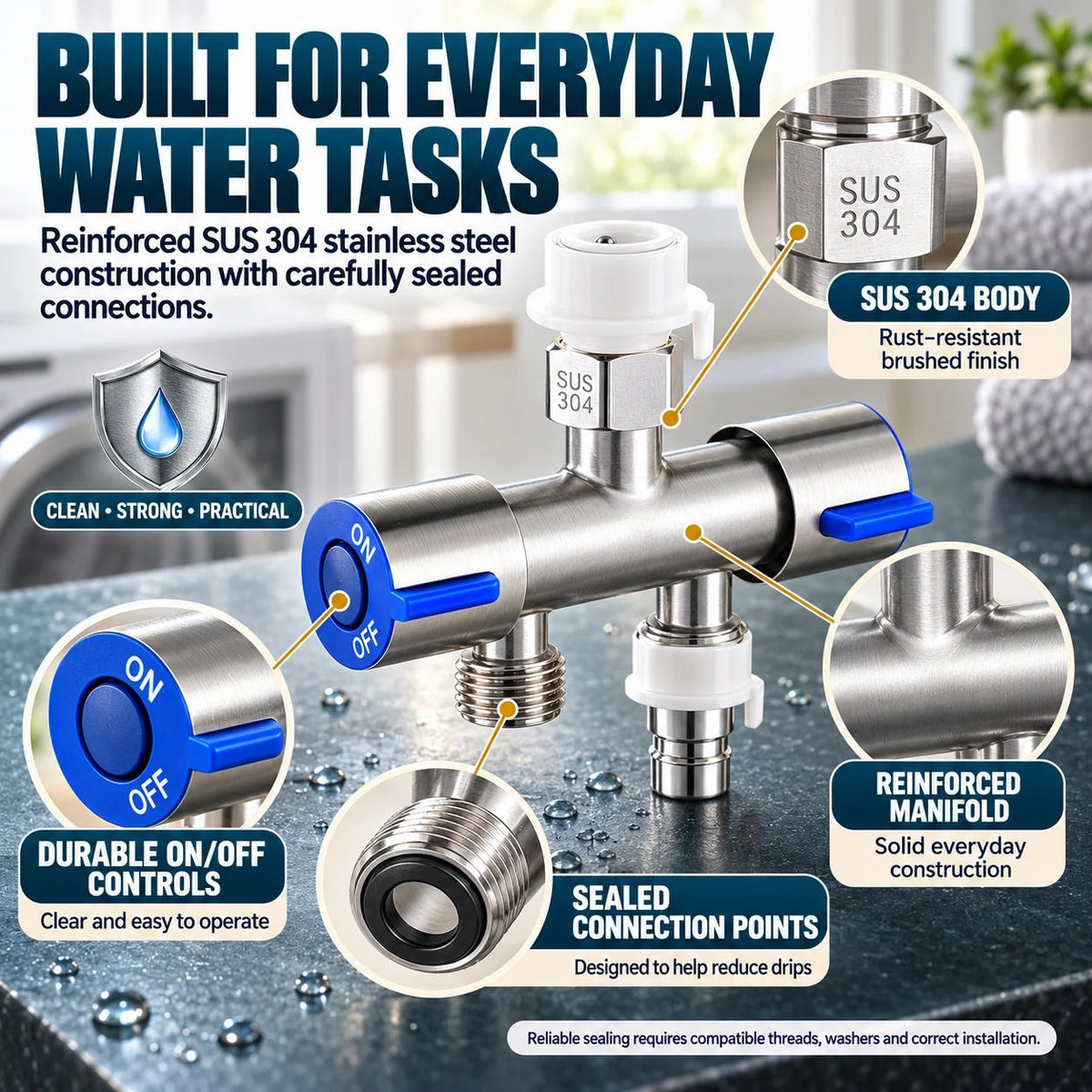 SUS 304 Dual-Control Faucet Diverter 🚿 – 2-Way Hose & Washer Connection