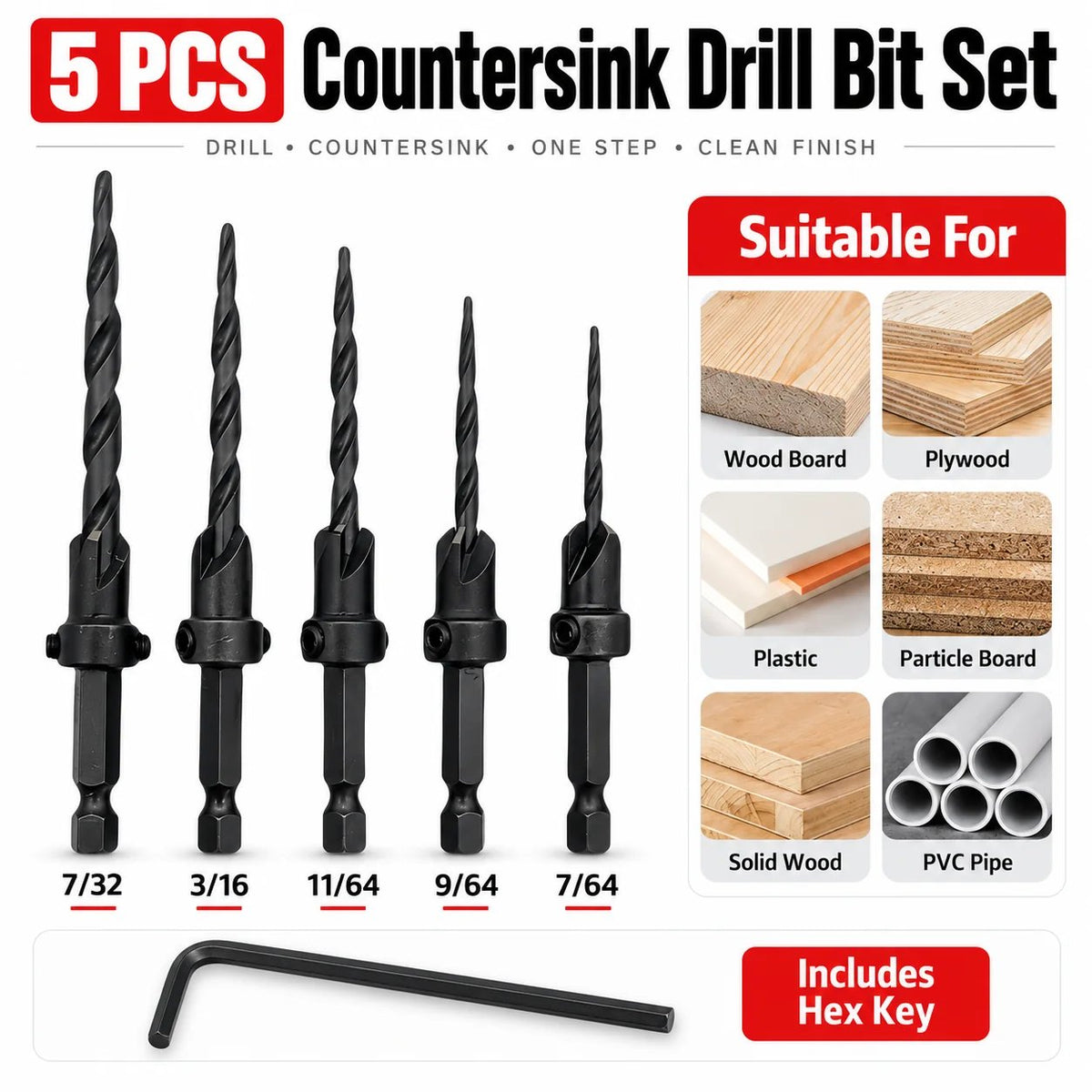 15-Piece Countersink Drill Set 🛠️ – 1/4" Hex Shank with Depth Stops
