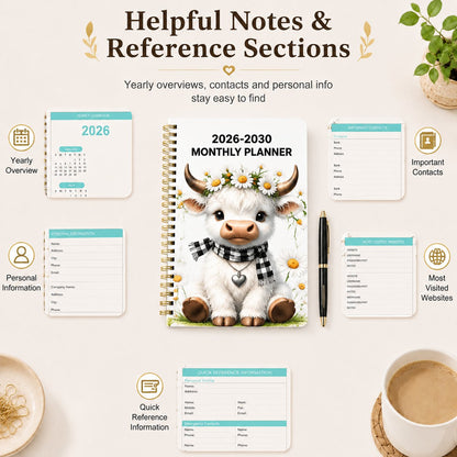 🔥LAST DAY 49% OFF - 🐮 2026–2030 Monthly Planner ✨ Cute Highland Cow 5-Year Calendar | Large Monthly Blocks for Long-Term Planning