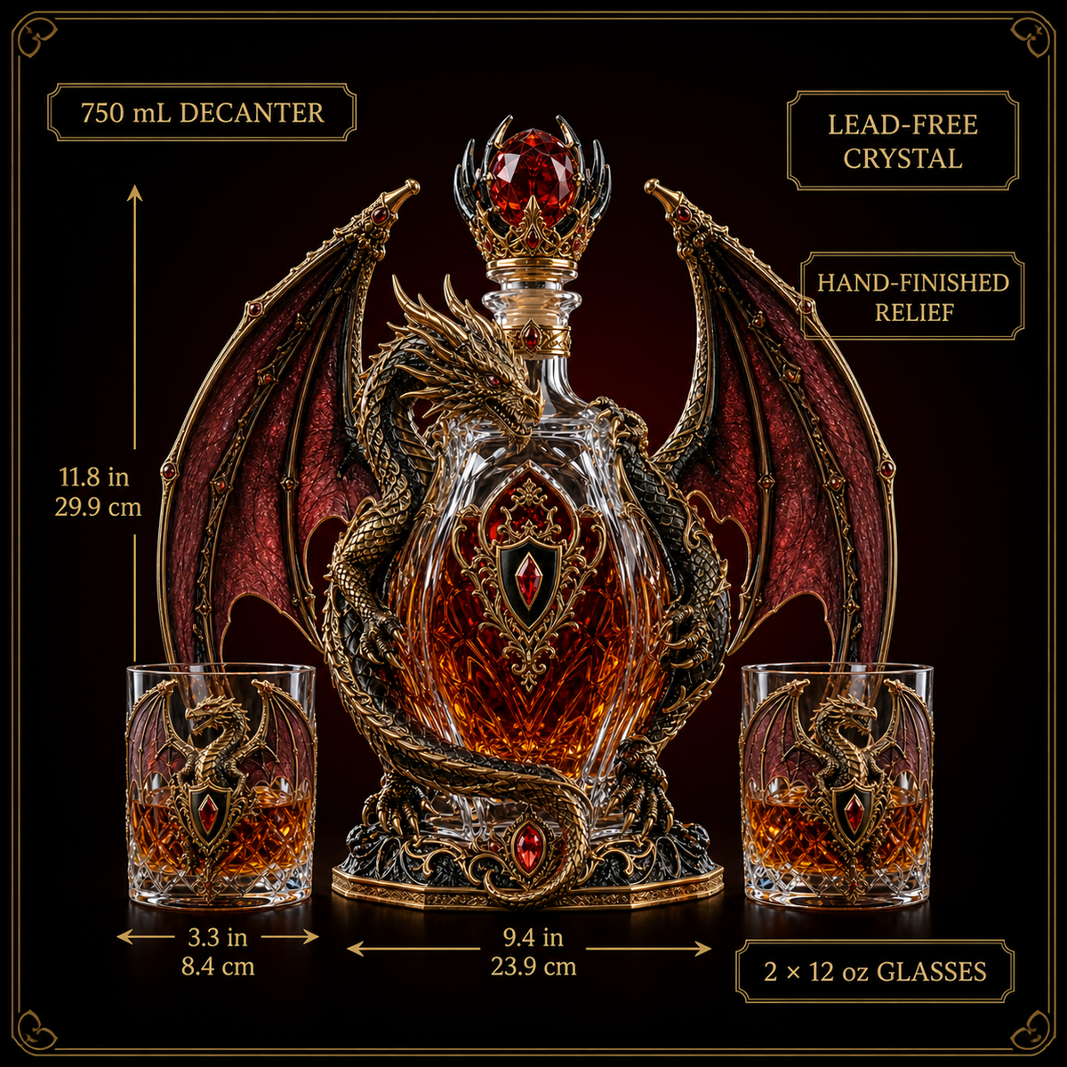🐉 Imperial Crimson Western Dragon Decanter Set – Luxury 3D Crystal Whiskey Bottle with 2 Matching Glasses
