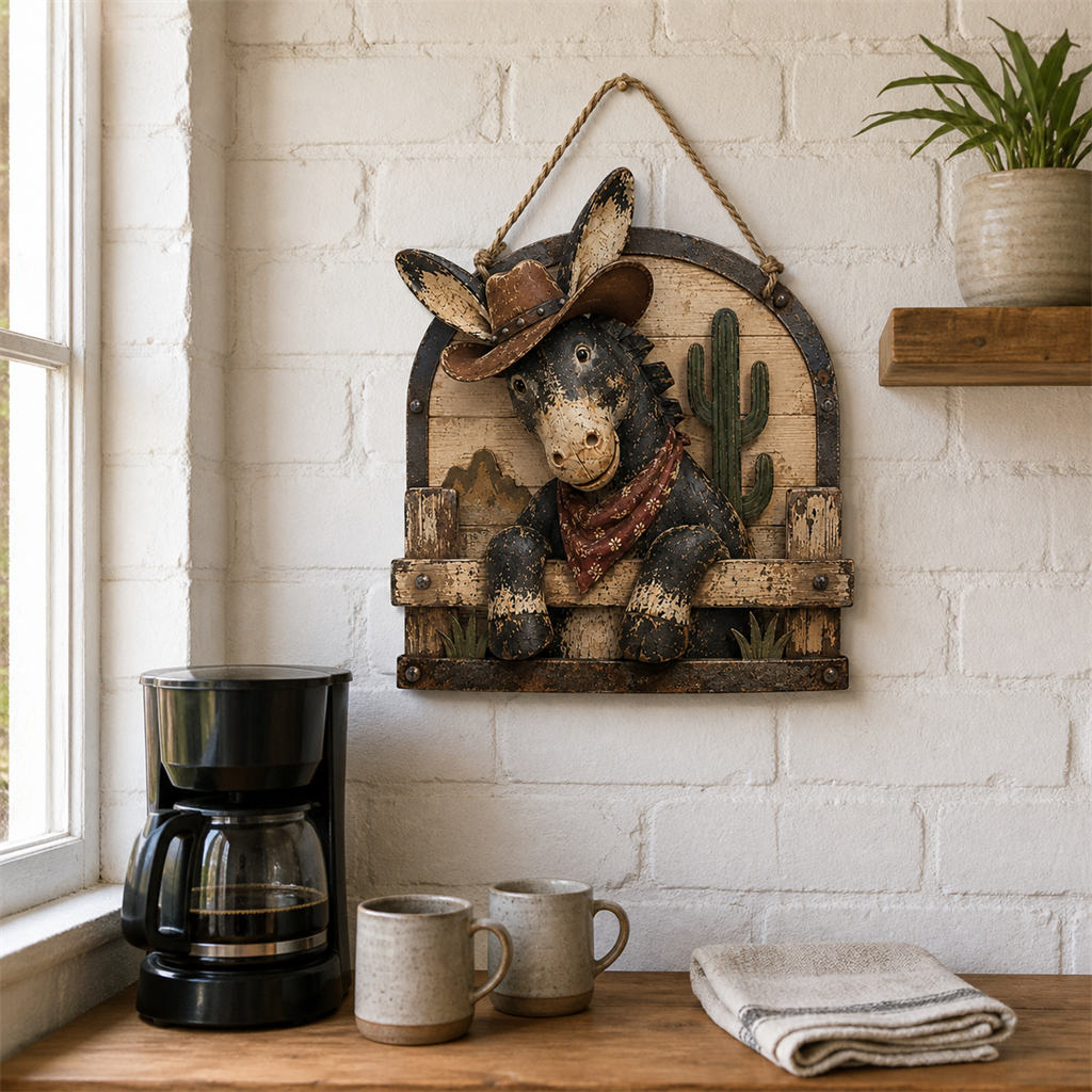 Rustic donkey wall hanging above a bright farmhouse coffee bar