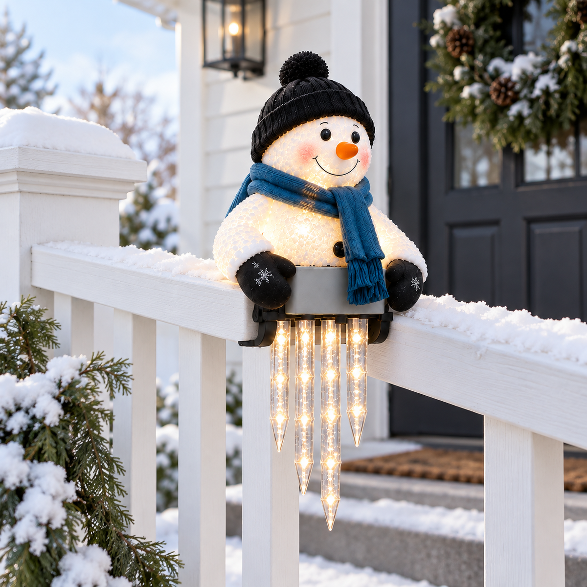 WinterGlow snowman decoration bringing character to a daytime staircase railing