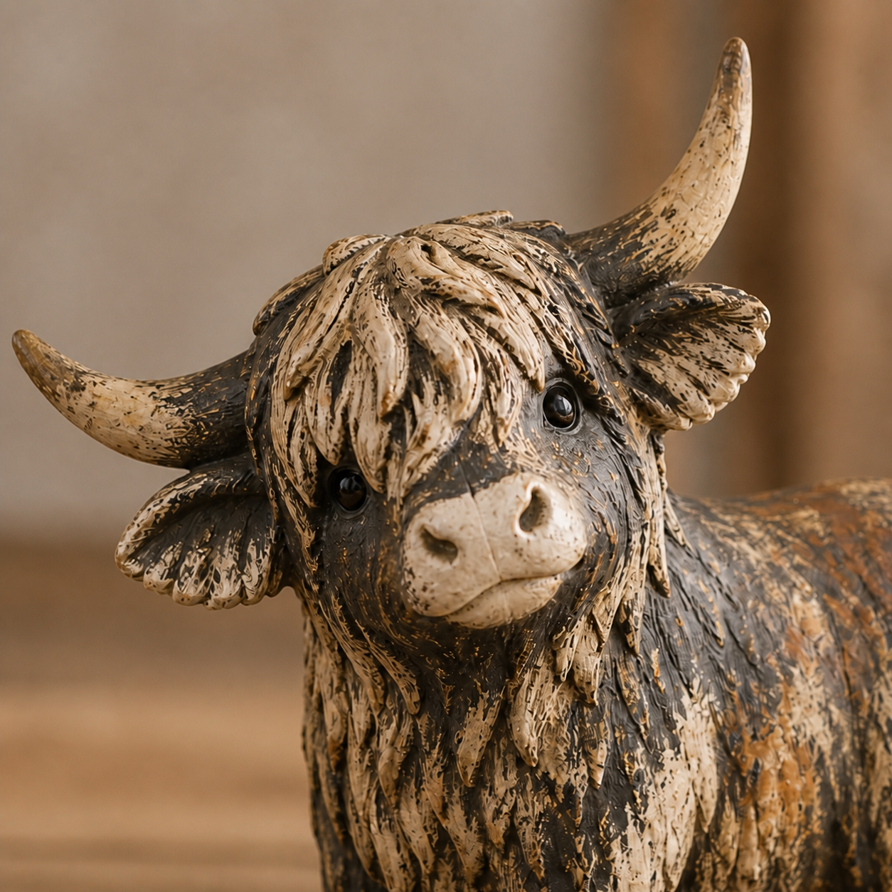Close view of the donkey figurine face, tilted head, and raised ears