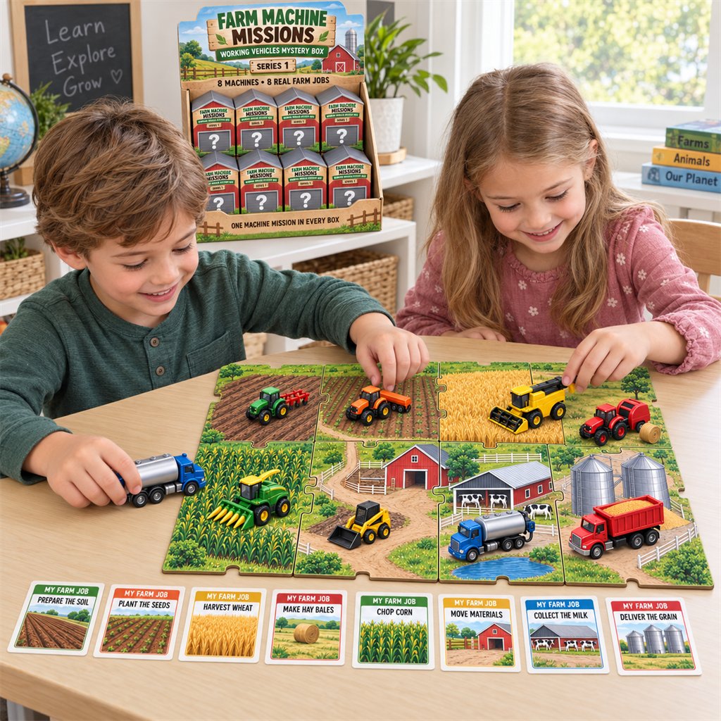 Eight Farm Machine Missions vehicles matched with their real farm jobs and terrain scenes