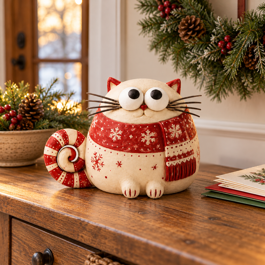 🎄 Whimsical Christmas Cat Figurines – Tall & Chubby Holiday Decor 🐱