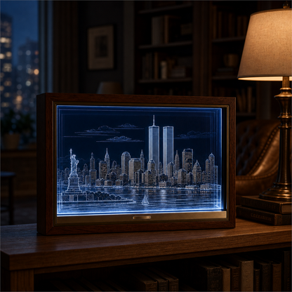 🗽✨ Before the Skyline Changed – Illuminated Twin Towers New York Memorial Shadow Box