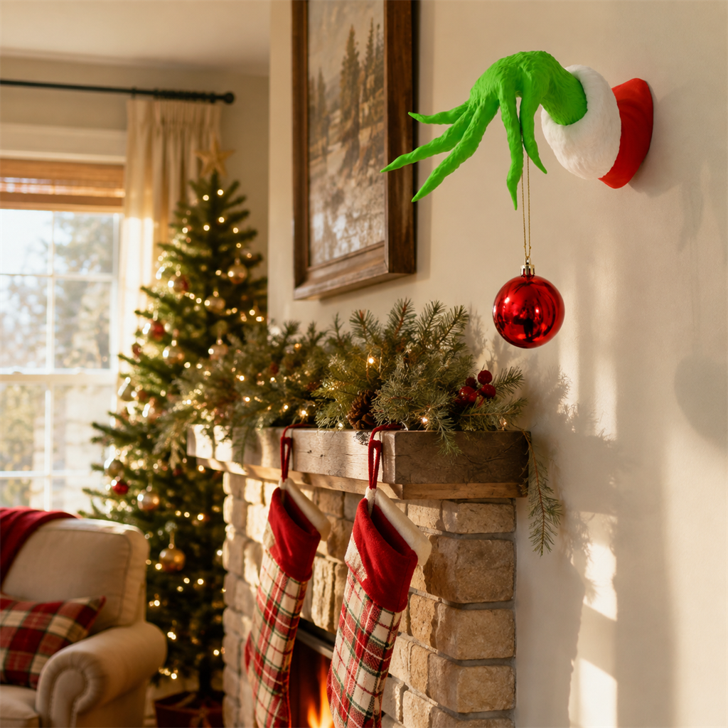Holiday hand wall hanger displayed beside a decorated fireplace