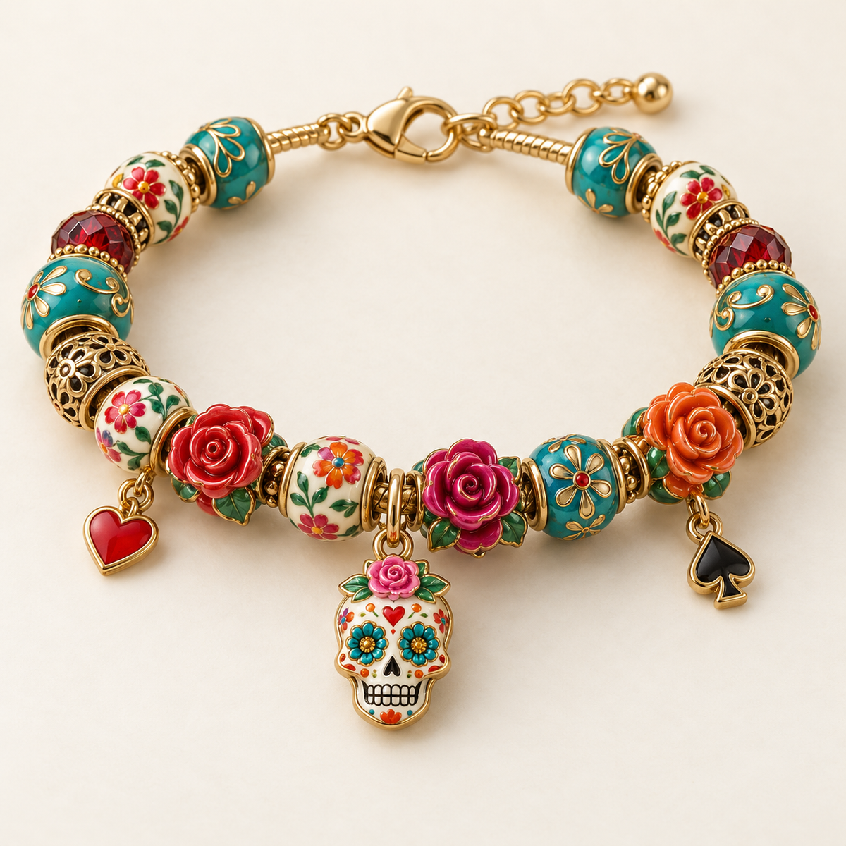 💀🌹 Día de los Muertos Sugar Skull Bracelet Collection – Colorful Floral Memorial Jewelry ✨