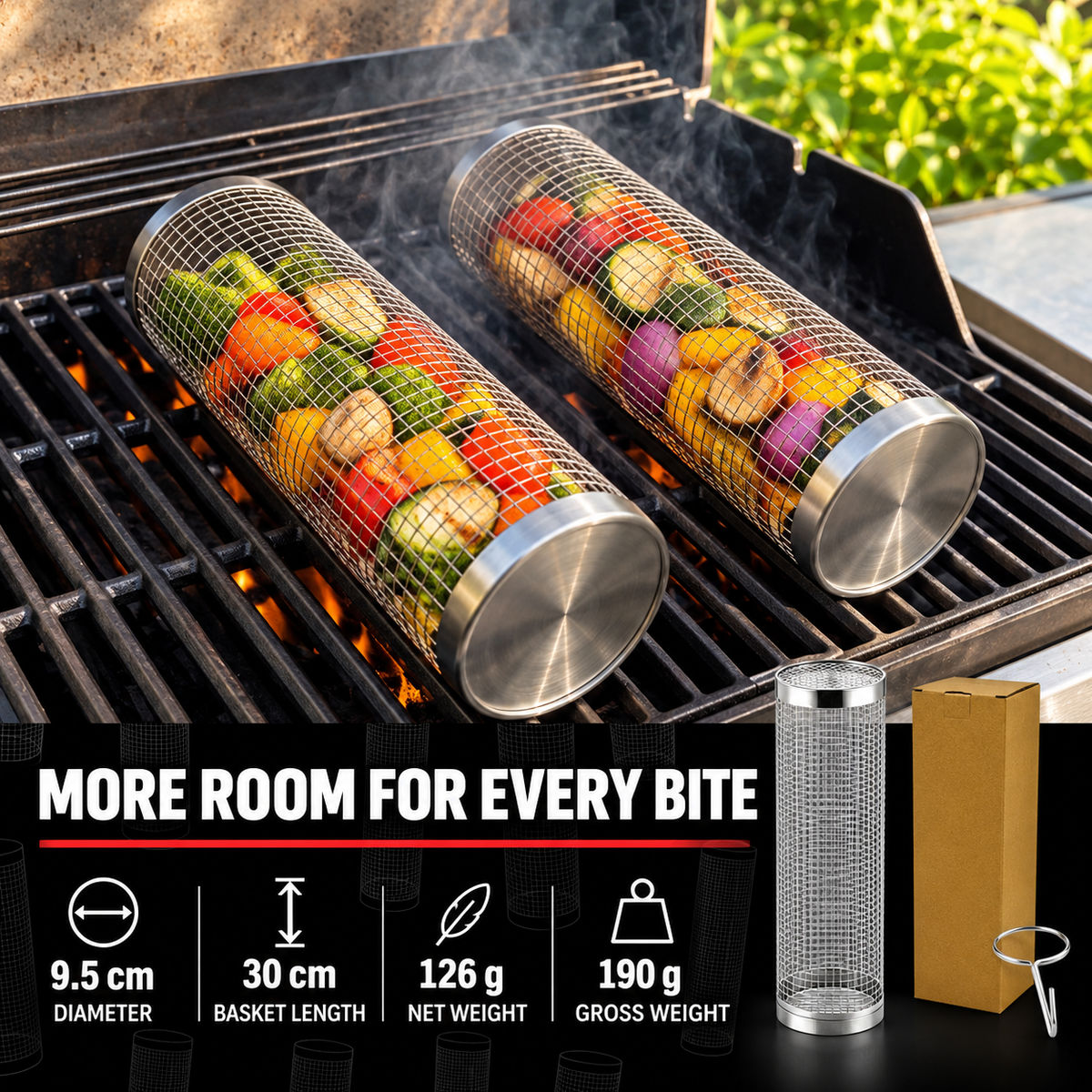 Rolling BBQ Grill Basket 🔥 – Easy Grilling for Outdoor Cooking